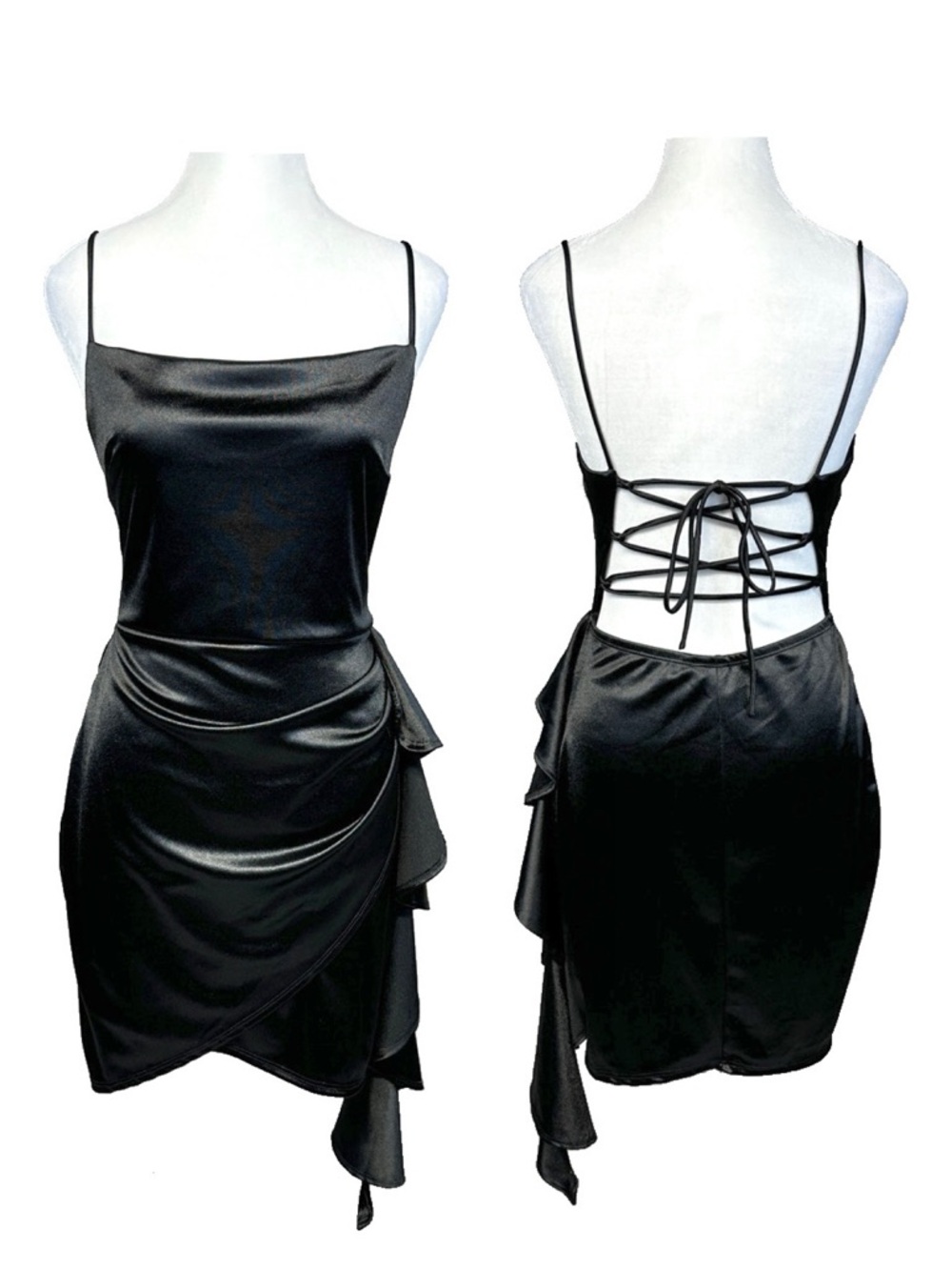 Windsor Black Sexy Mini Dress Lace Up Tie Back Ruffle Club Party Juniors Large